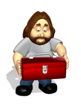 A cartoon man holding a toolbox.